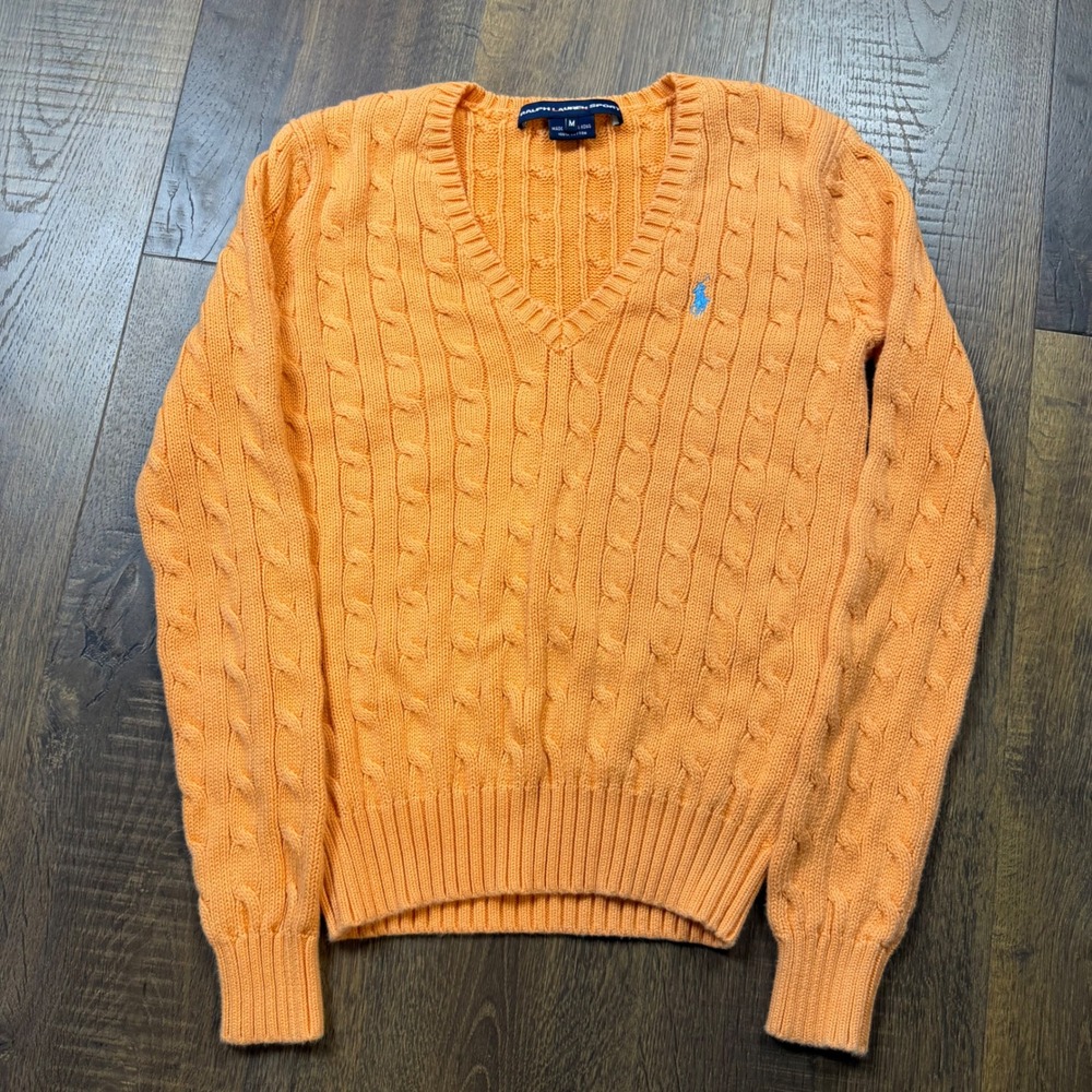 Ralph Lauren Sport Womens M Fits S Orange Cable Knit V Neck Sweater Cotton Pony
